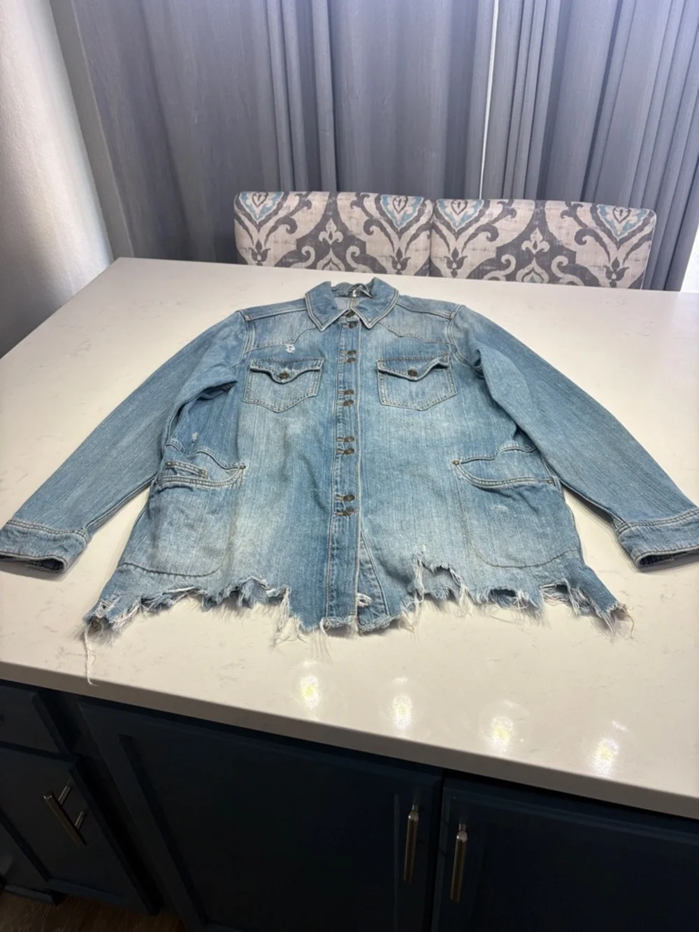 Free People Light Blue Distressed Denim Jacket - Picture 1 of 3